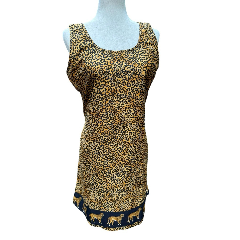 Rima Leopard Print Dress M Safari Cheetah Border Y2K Animal Print Mini Resort Vi
